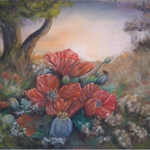 Original floral artwork in soft pastels featuring poppies in a surreal meadow setting