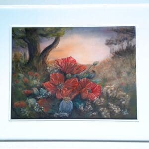 Original floral artwork in soft pastels featuring poppies in a surreal meadow setting