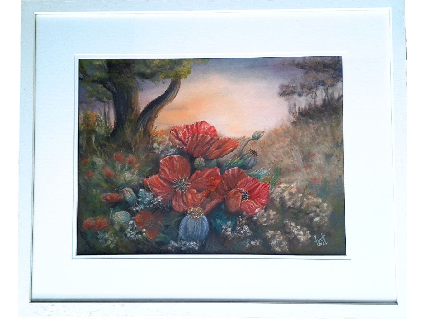 Original floral artwork in soft pastels featuring poppies in a surreal meadow setting