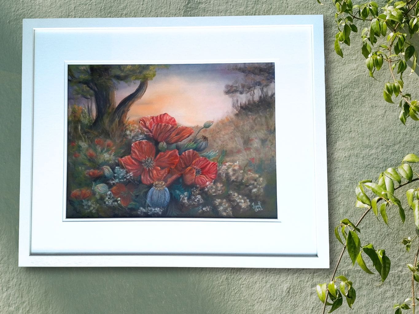 Original floral artwork in soft pastels featuring poppies in a surreal meadow setting