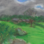landscape with gray cloun=ds and green fiels