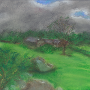 landscape with gray cloun=ds and green fiels