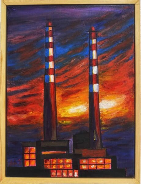 Poolbeg Chimney dublin – Original acrylic on canvas – 33 × 43 cm – wooden framed