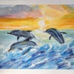 Acrylic painting of three dolphins jumping out of ocean waves at sunset with a vibrant orange and yellow sky.