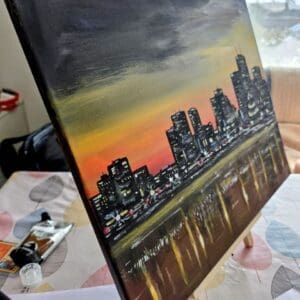 A vibrant original painting capturing the electric energy of the city after dark. Beautifully balanced light and shadow create a deep, immersive atmosphere night city, cityscape, fine art, canvas, home decor, original painting.