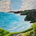 Acrylic painting of a coastal road with wild flowers and ocean view