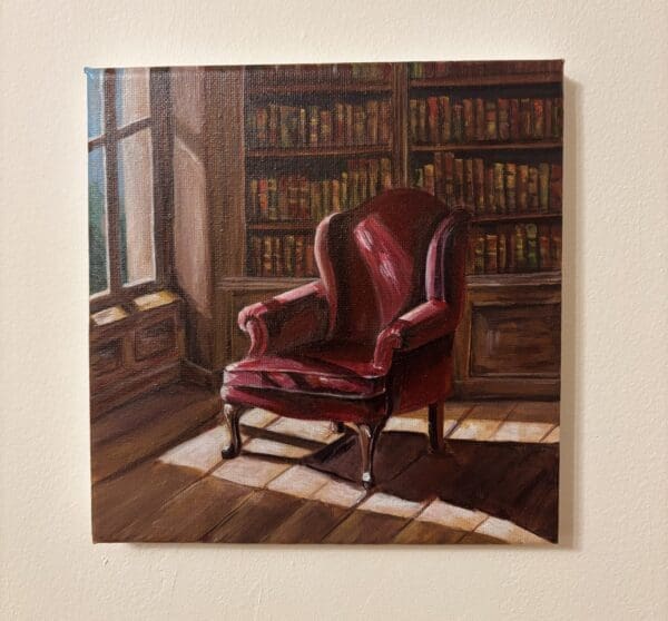 Sunlight, old books and a chair, quietly carrying the absence of someone once there.