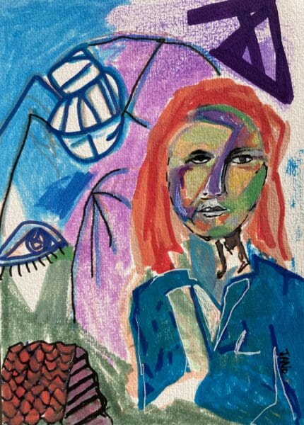 Original Irish Drwaing - Mid Century Modern Decor, Figurative Portrait - All Grown Up A4 Mounted