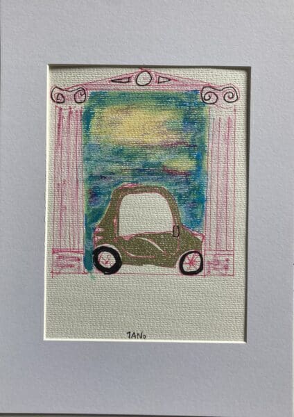 Original Irish Drawing Abstract Car Art Italy Art Rome - Roman Parking A4 Mounted