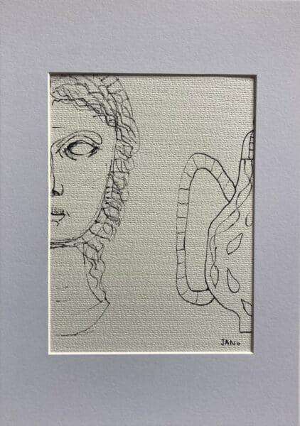 Original Irish Abstract Drawing Roman Lady Tea Drinker -“ I Need My Morning Tea” A4 Mounted