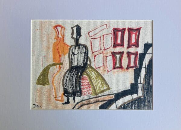 Original Irish Abstract Figurative Drawing Abstract - Waiting A4 Mounted