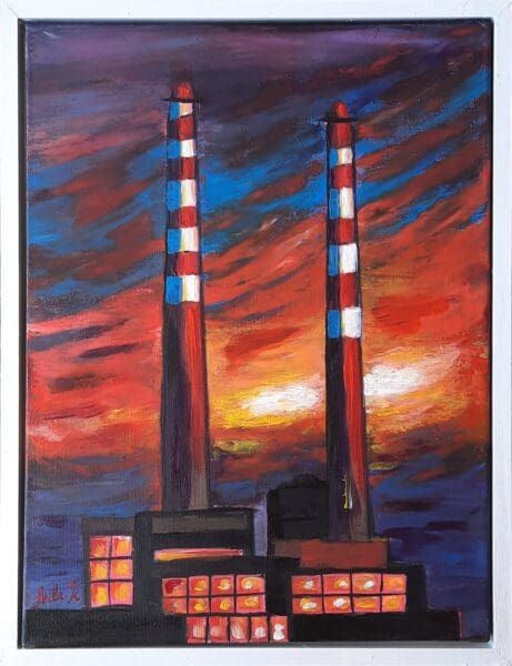 Poolbeg Chimney dublin – Original acrylic on canvas – 33 × 43 cm – wooden framed