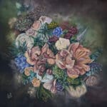 A soft-toned painting of a bouquet of mixed flowers in pastel pinks, blues, and greens, set against a dark, blended background.