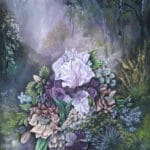 Moody floral painting with purple and cream flowers, surrounded by green foliage in a soft, atmospheric garden setting.