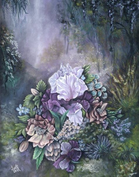 Moody floral painting with purple and cream flowers, surrounded by green foliage in a soft, atmospheric garden setting.