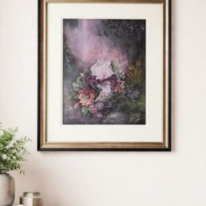Moody floral painting with purple and cream flowers, surrounded by green foliage in a soft, atmospheric garden setting.