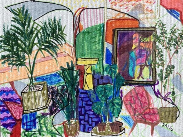 Original Drawing on Paper – Mid Century Style Irish Art - Contemporary Bohemian A4 Mounted
