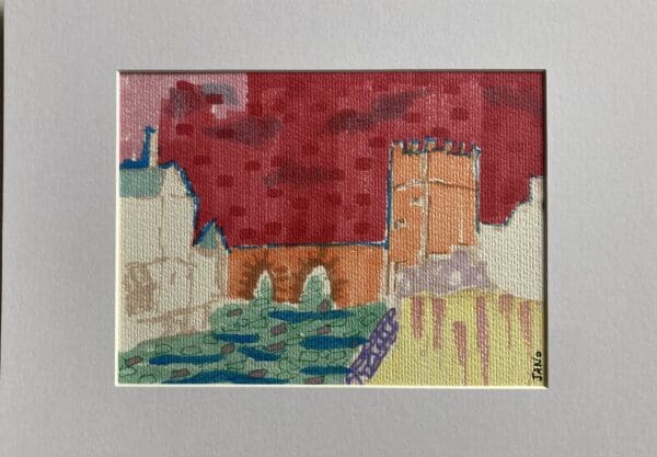 Original Irish Drawing - Historic Castle - "Medieval City Break" A4 Mounted