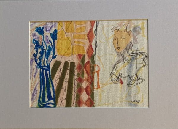 Original Irish Drawing - Mid Century Vintage Decor, Figurative Portrait - Out of Body A4 Mounted