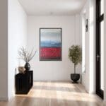 Red Field at the foot of the Irish hills. Abstract painting. Landscape.