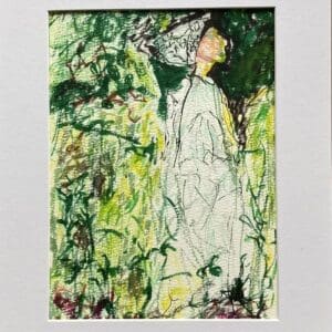 Original Irish Drawing - Irish Art Figurative Art - French Lessons In Green A4 Mounted