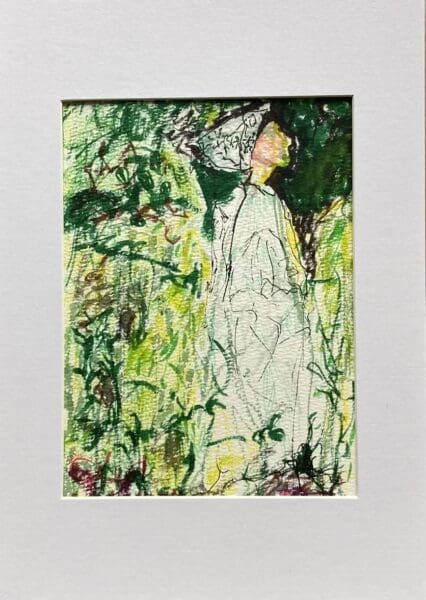 Original Irish Drawing - Irish Art Figurative Art - French Lessons In Green A4 Mounted