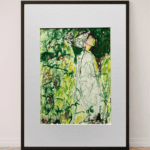 Original Irish Drawing - Irish Art Figurative Art - French Lessons In Green A4 Mounted