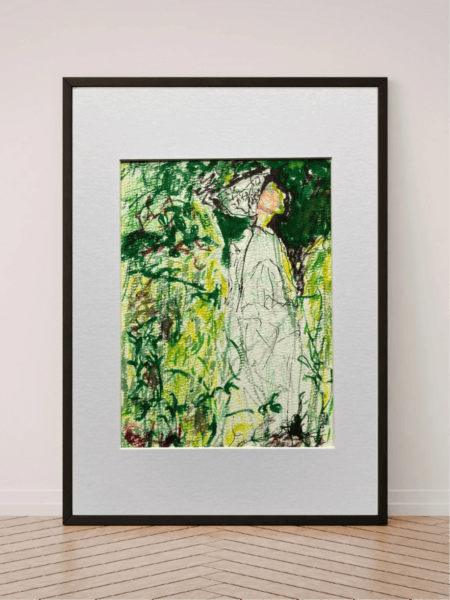 Original Irish Drawing - Irish Art Figurative Art - French Lessons In Green A4 Mounted