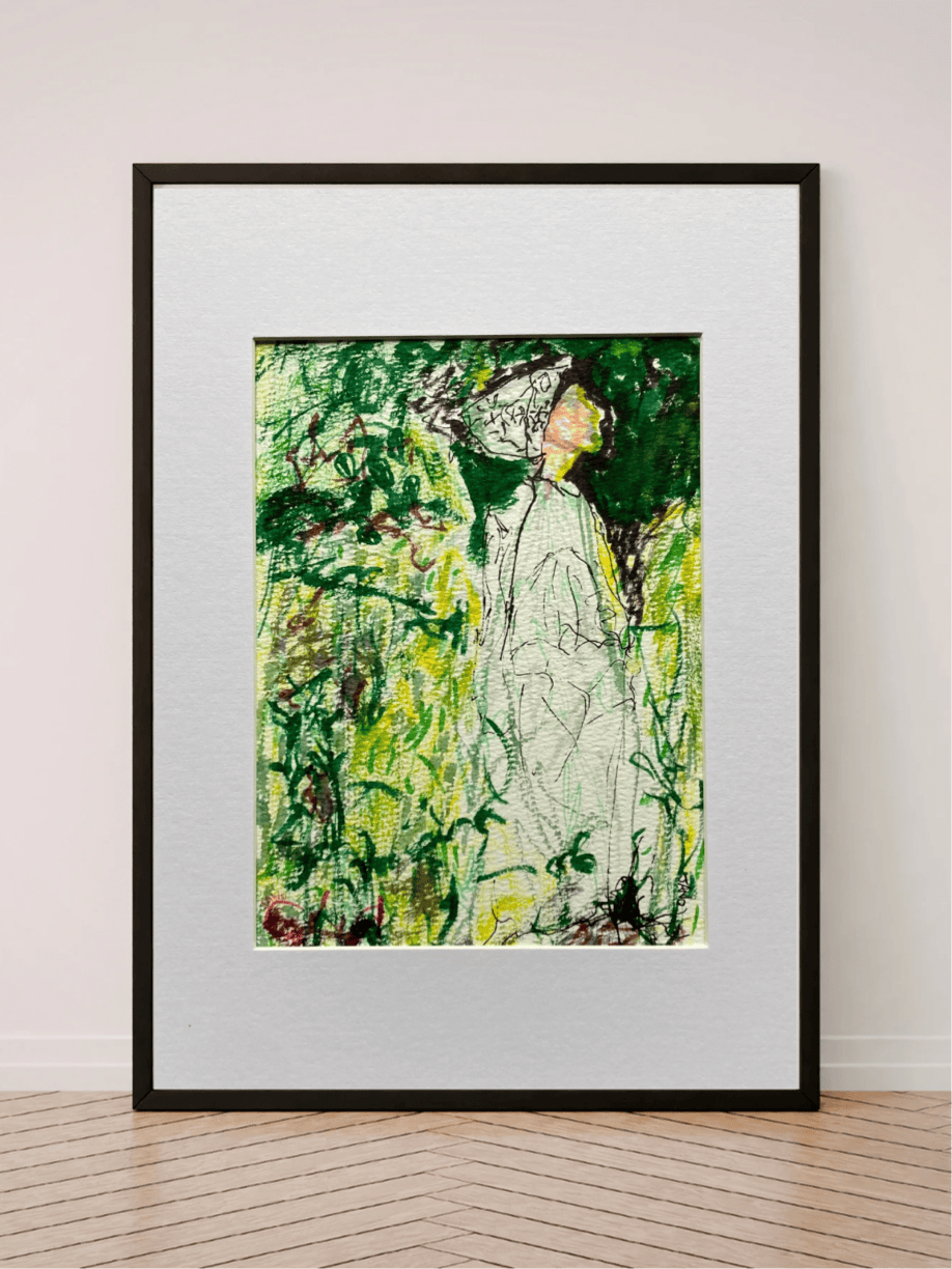 Original Irish Drawing – Irish Art Figurative Art – French Lessons In Green A4 Mounted