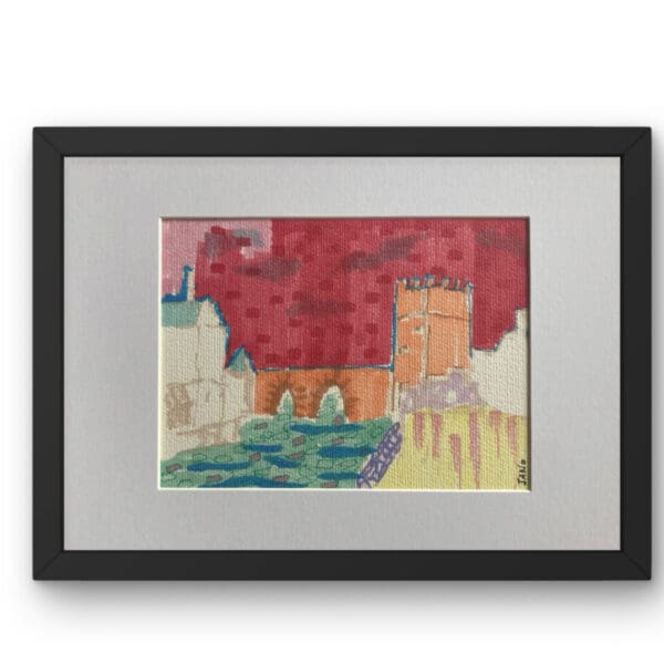 Original Irish Drawing - Historic Castle - "Medieval City Break" A4 Mounted