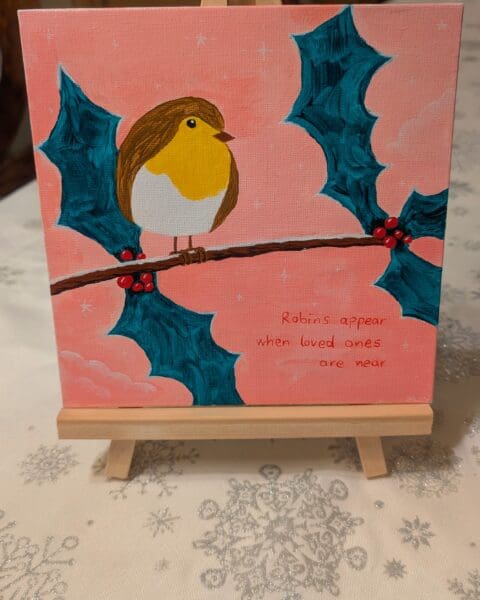 Dreamy Pink Robin & Holly Acrylic Painting