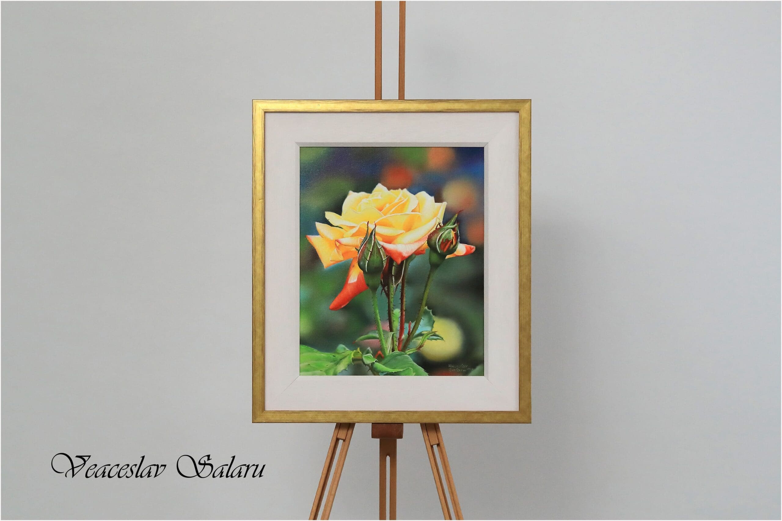 Golden Bloom, Yellow Rose Framed Original Oil Painting