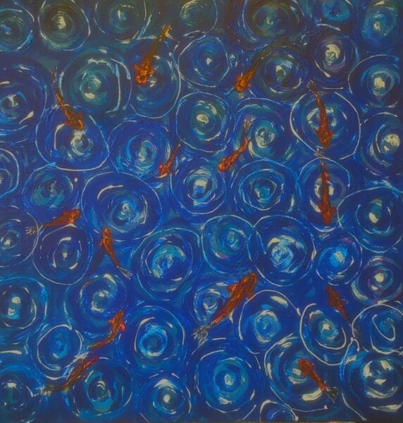 Koi Pond under Moonlight and Raindrops