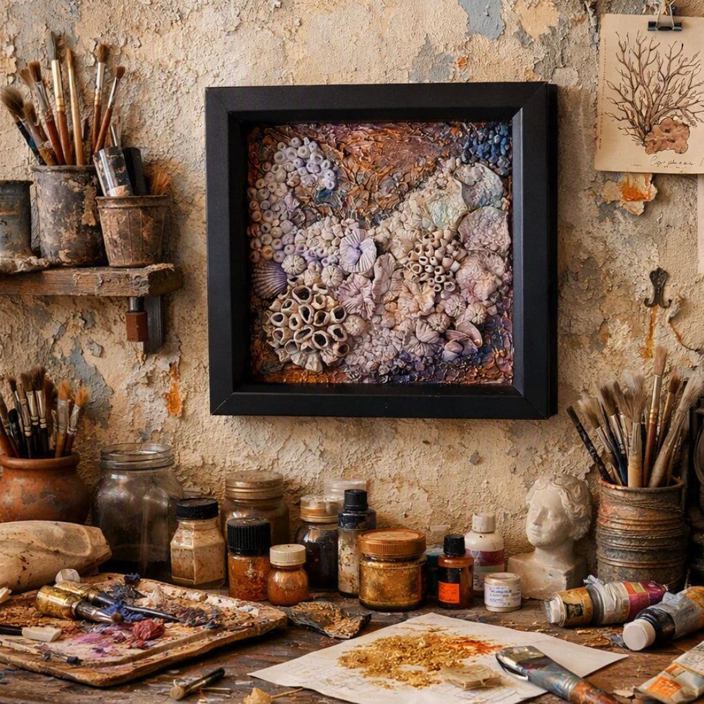 “Corals 1” artwork hanging in an artist’s studio surrounded by paints and creative tools.