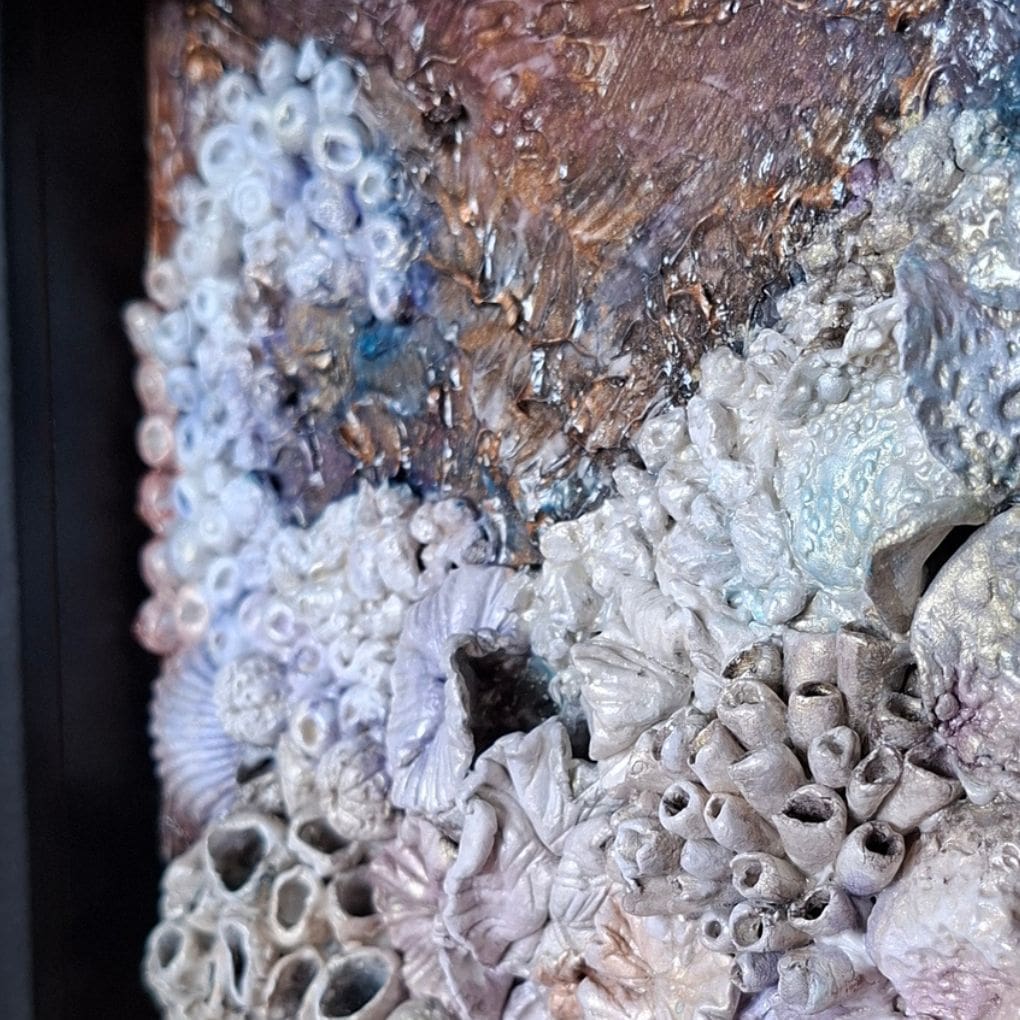 Textured coral cluster with metallic copper and lilac hues from “Corals 1” mixed‑media piece.