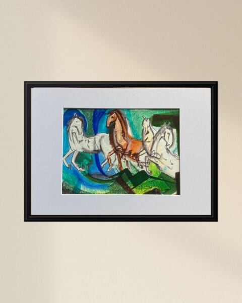 Original Irish Drawing - Irish Art Figurative Art - National Horses in Blue A4 Mounted