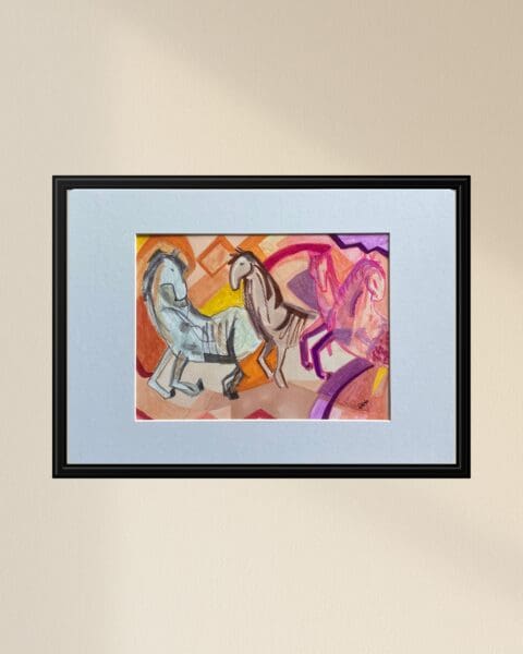 Original Irish Drawing - Irish Art Figurative Art - National Horses in Pink A4 Mounted