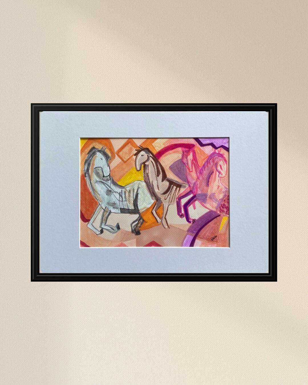 Original Irish Drawing - Irish Art Figurative Art - National Horses in Pink A4 Mounted