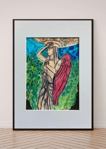 Original Irish Drawing - Irish Art - Angel In The City - Iveagh Gardens A4 Mounted