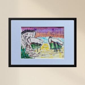 Original Irish Drawing - Irish Art - Boats - The Boatyard A4 Mounted
