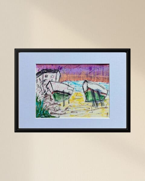 Original Irish Drawing - Irish Art - Boats - The Boatyard A4 Mounted