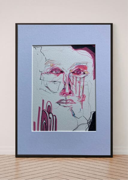 Original Irish Drawing - Irish Art Figurative Art - Sketchy in Pink A4 Mounted