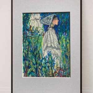 Original Irish Drawing - Irish Art Figurative Art - French Lessons In Blue A4 Mounted