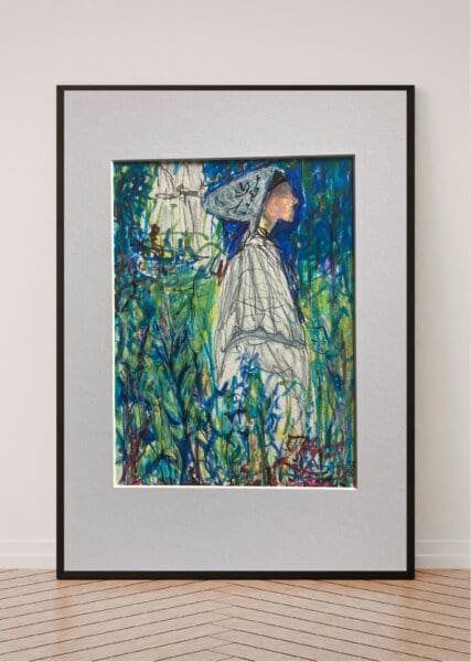 Original Irish Drawing - Irish Art Figurative Art - French Lessons In Blue A4 Mounted