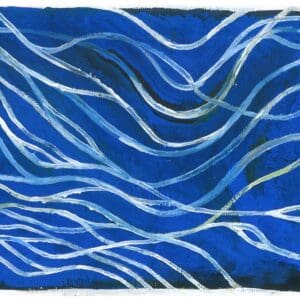 Abstract original gouache artwork on canvas with flowing white and light blue wavy lines over a deep blue background.