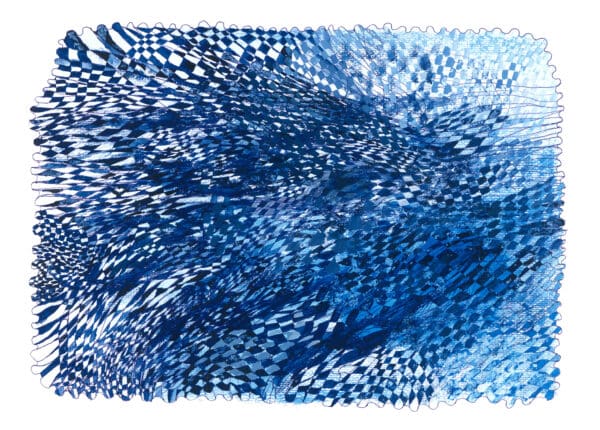 Abstract artwork featuring a dense network of intersecting blue pen lines layered over blue watercolor washes, with a warped checkerboard motif and scalloped edges.