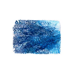 Abstract artwork featuring a dense network of intersecting blue pen lines layered over blue watercolor washes, with a warped checkerboard motif and scalloped edges.