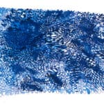Abstract artwork featuring a dense network of intersecting blue pen lines layered over blue watercolor washes, with a warped checkerboard motif and scalloped edges.