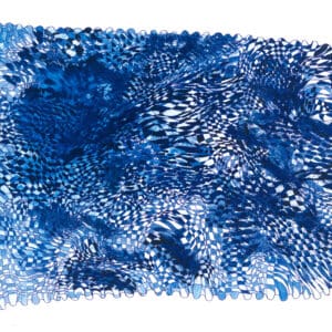 Abstract artwork featuring a dense network of intersecting blue pen lines layered over blue watercolor washes, with a warped checkerboard motif and scalloped edges.