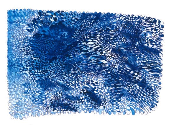 Abstract artwork featuring a dense network of intersecting blue pen lines layered over blue watercolor washes, with a warped checkerboard motif and scalloped edges.